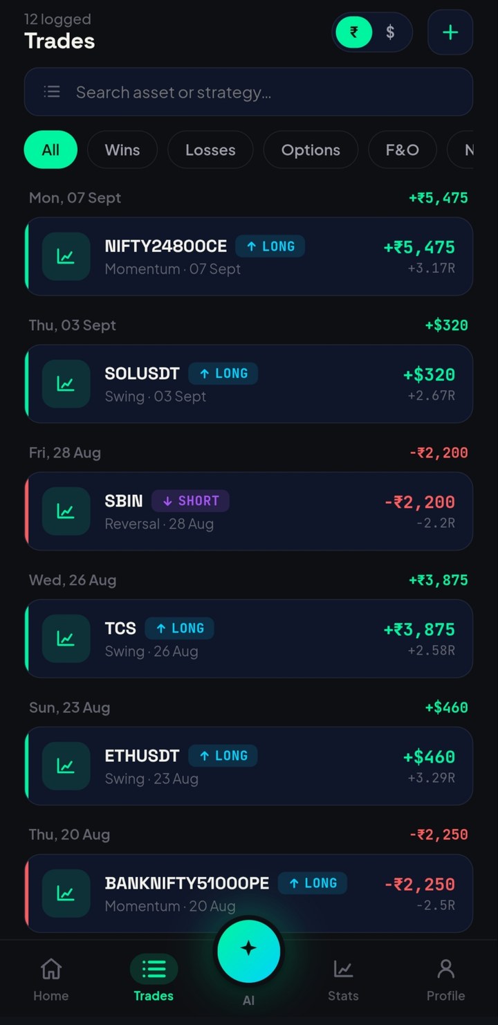 TRADE MOOL app — trades list